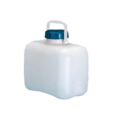 Vit rektangulär behållare, blått skruvlock, vitt handtag. Kapacitet: 13 liter, kompakt design.